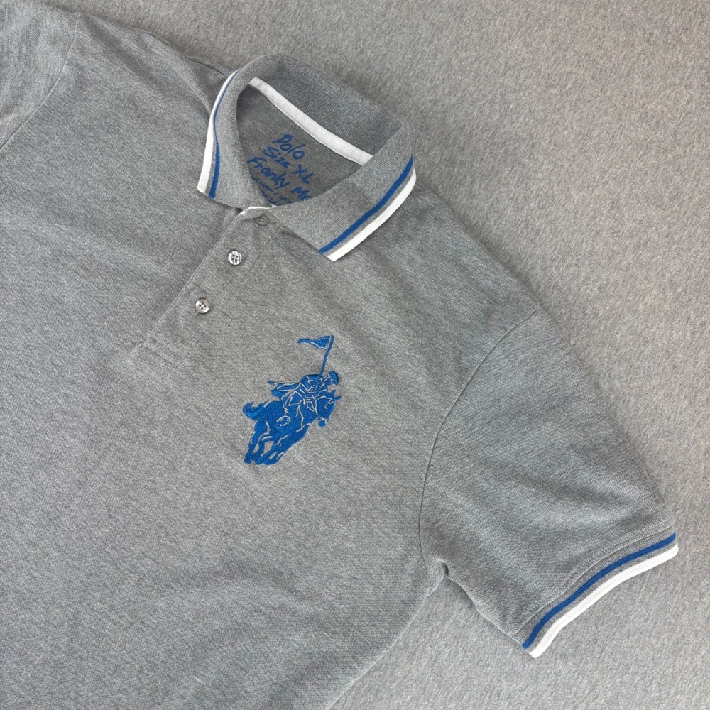 Franky Max Polo Shirt XL‎ Gray Blue Knight Horse Rider Big Pony Embroidered